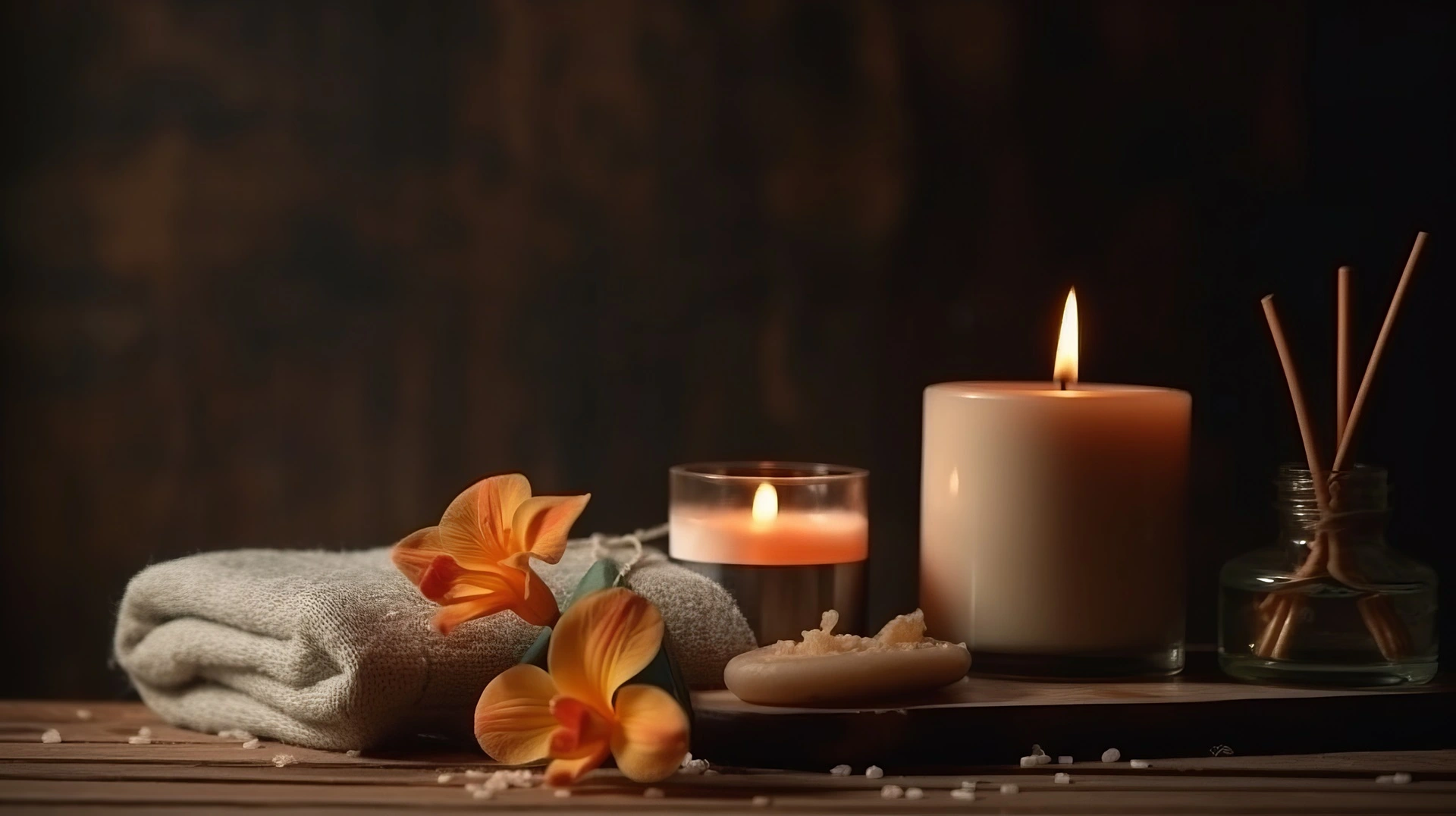 a candle and a towel with flowers