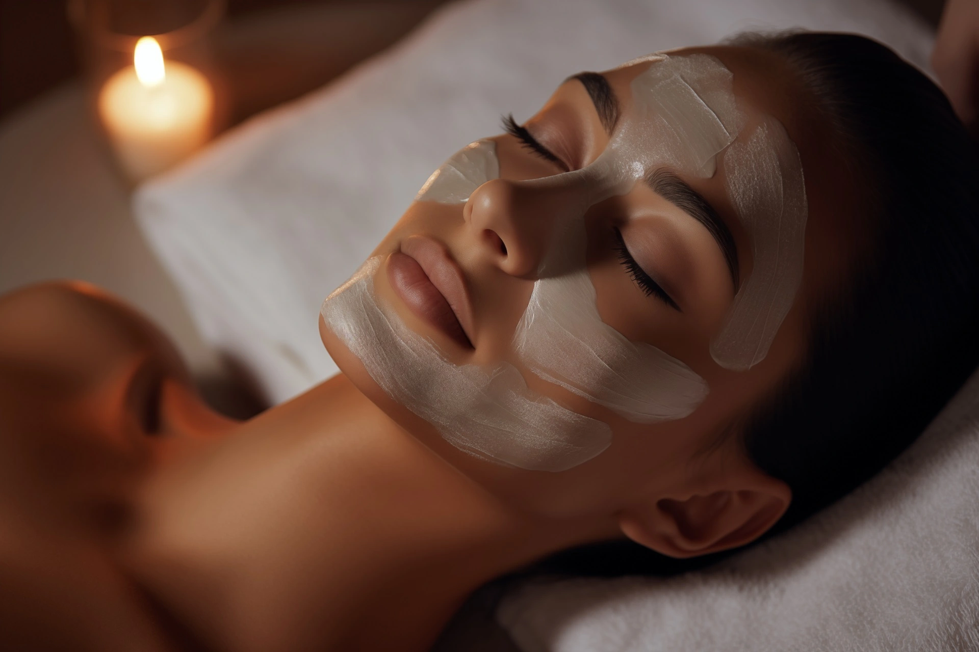 a woman lying down with a white mask on her face