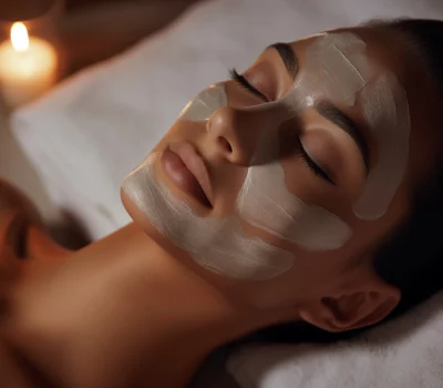 a woman lying down with a white mask on her face